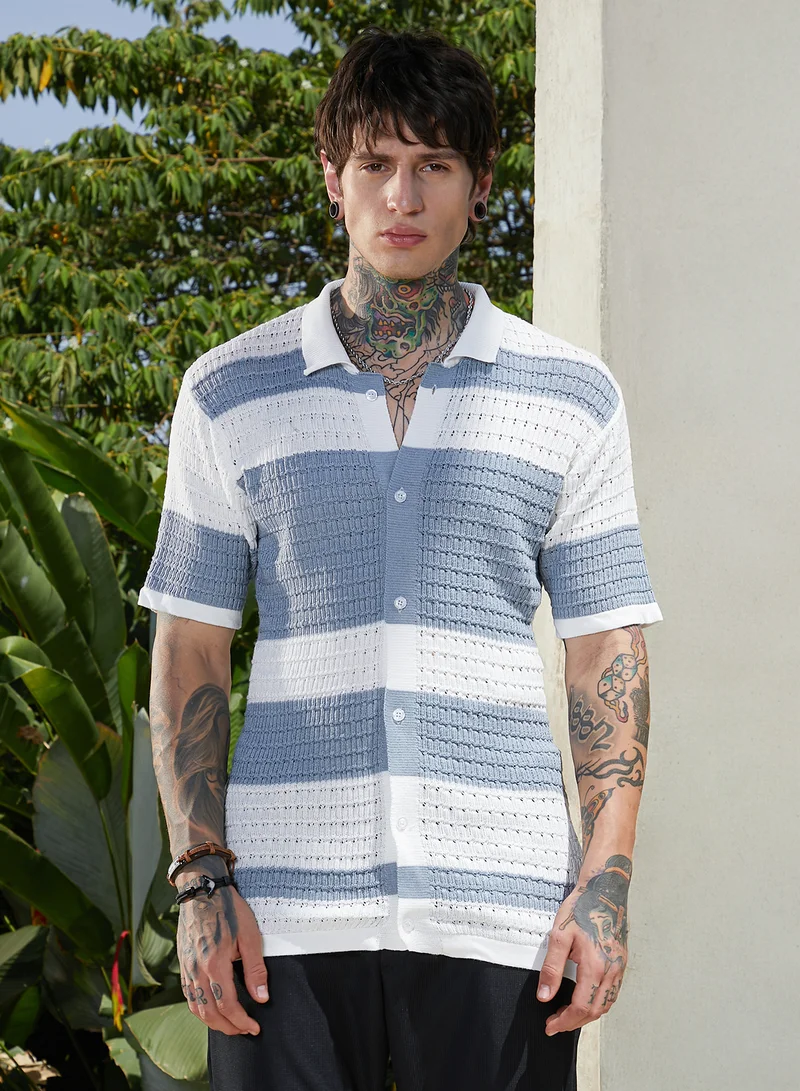CAHOOT  Men's Icy Blue & Daisy White Panel-Knit Relaxed Shirt For Casual Wear | Polo Neck | Short Cuffed Sleeves | Button Closure | Shirt Crafted With Comfort Fit For Everyday Wear for Men | Best Price UAE